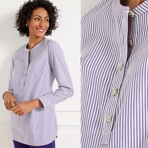 NEW Talbots Non-Iron Band Collar Popover Tunic - Blue Stripe L Stretch Cotton 4